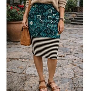 Boho Eclectic Midi Pencil Skirt Teal Geometric Print Striped Hem Stretch Pull On